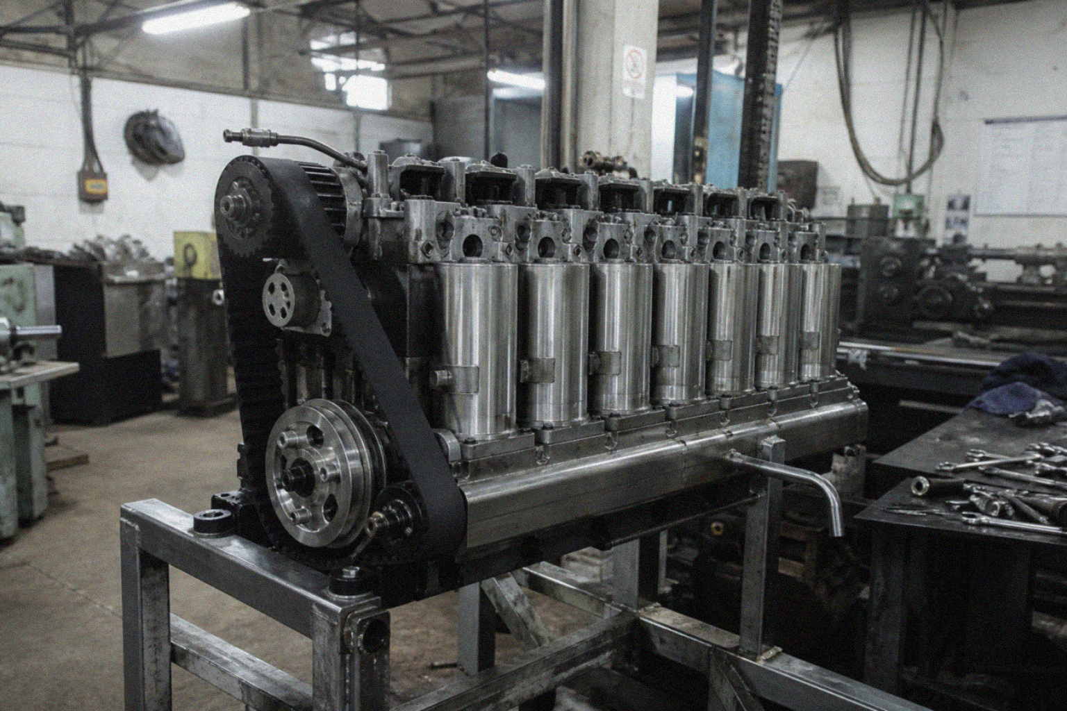 Twelve stainless cylinders with overhead rotary valve shaft and timing belt