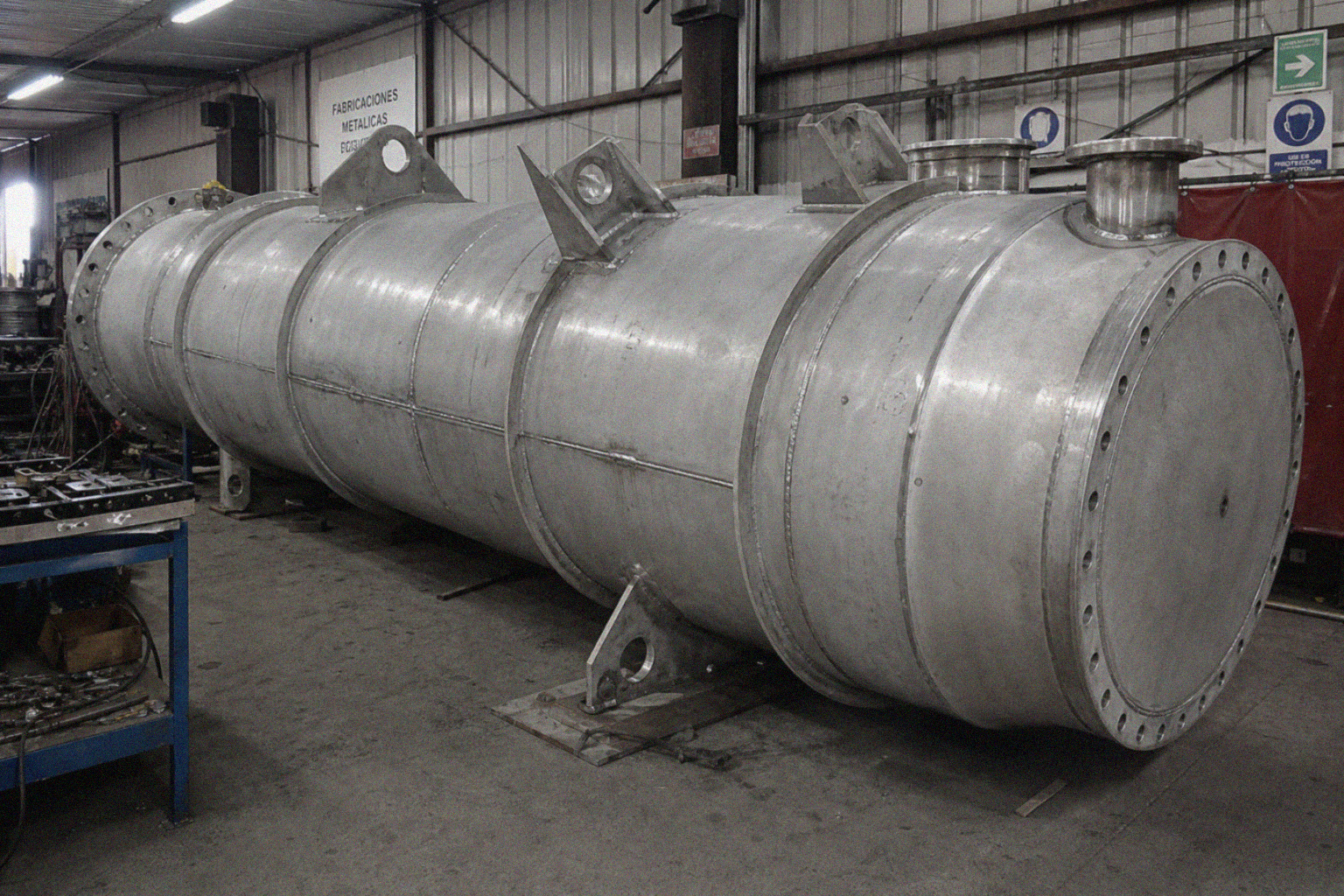 Stainless vacuum vessel with stiffening rings and internal bracing